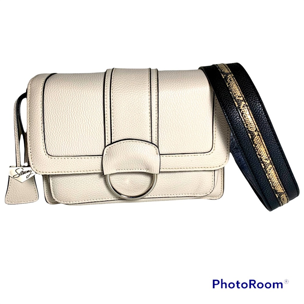 Sammy cream color crossbody with snake skin trim straps